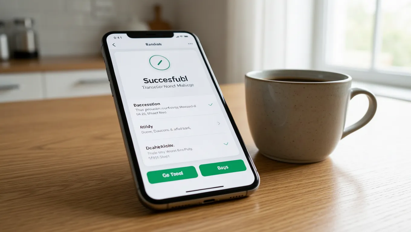 Smartphone displaying a successful bank transfer on a kitchen table