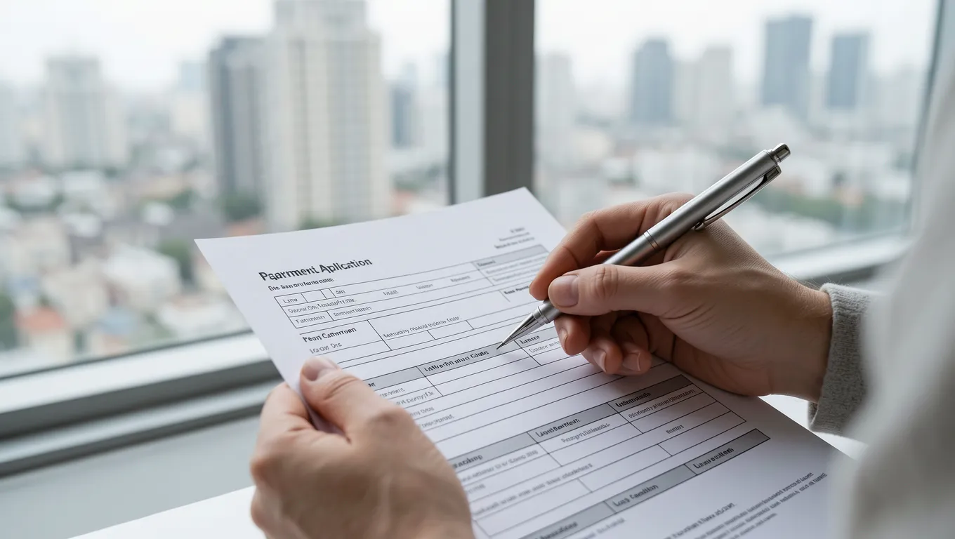 Hands signing an apartment rental application