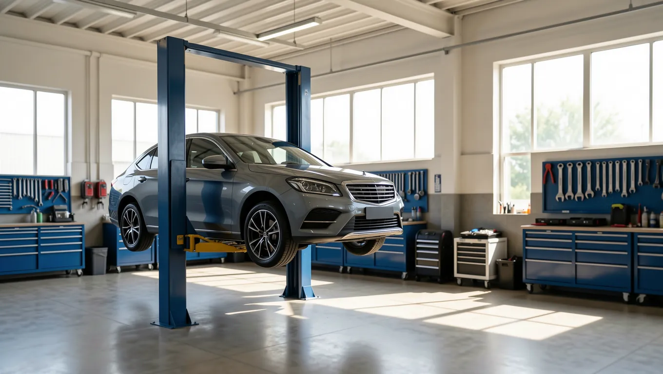 A car being repaired on a lift in a bright mechanic shop