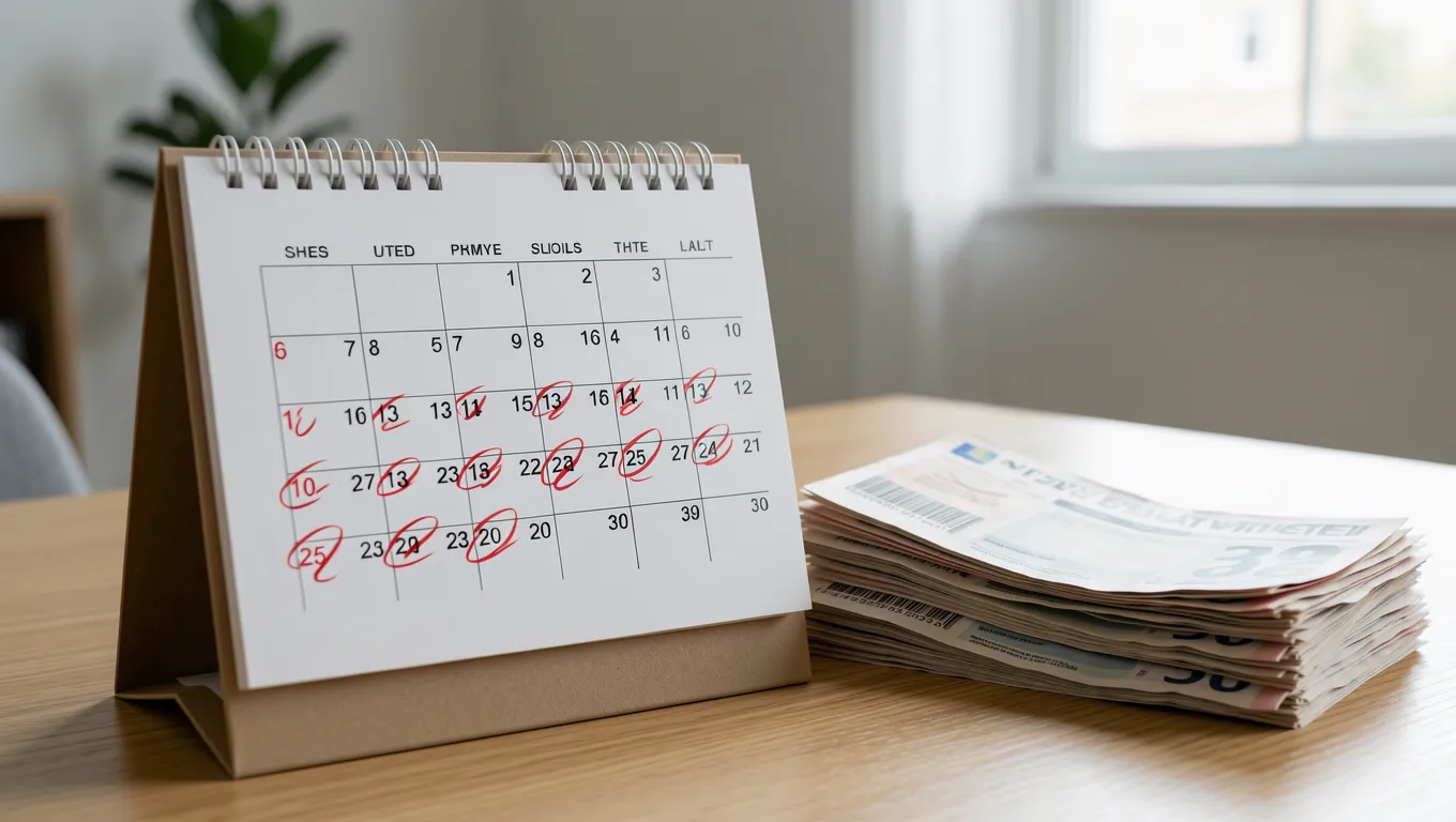 Physical calendar with circled dates and utility bills on a table