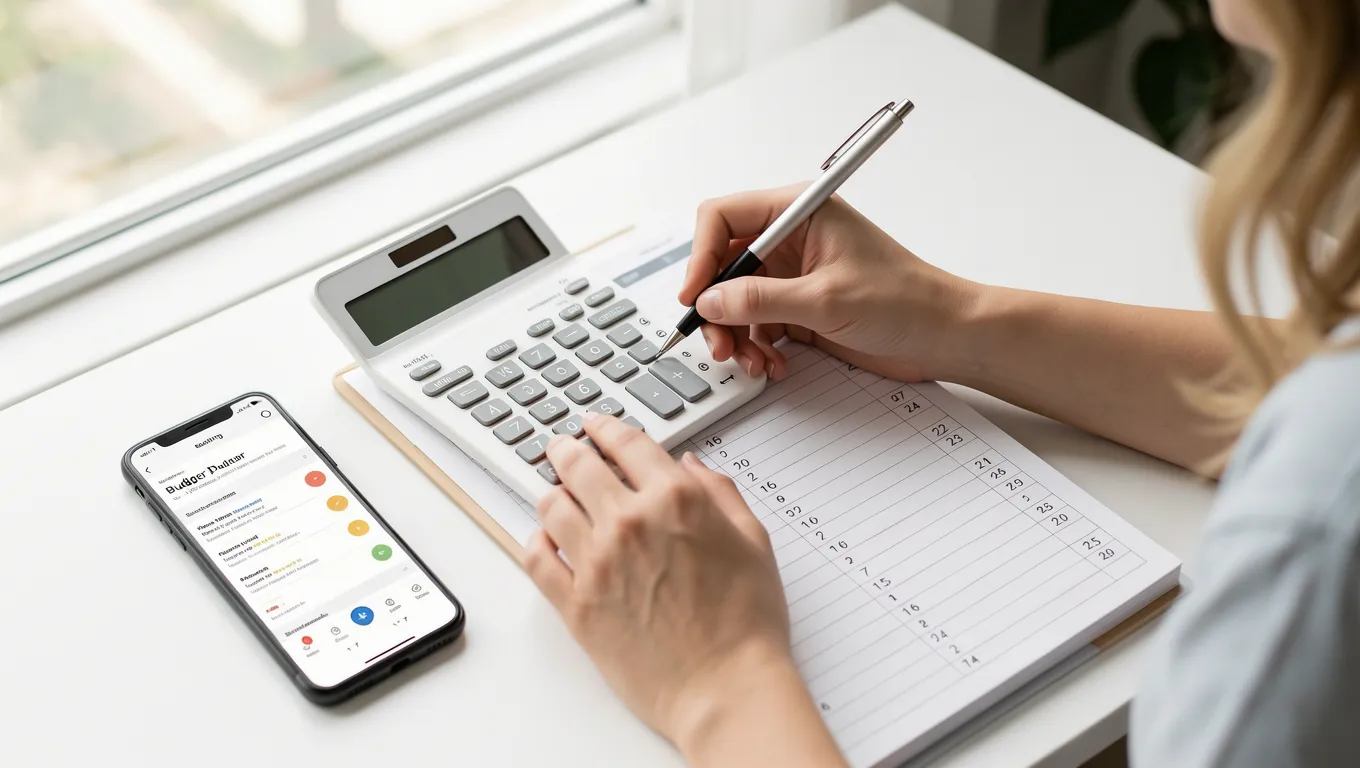 Person calculating a budget on a notepad next to a smartphone