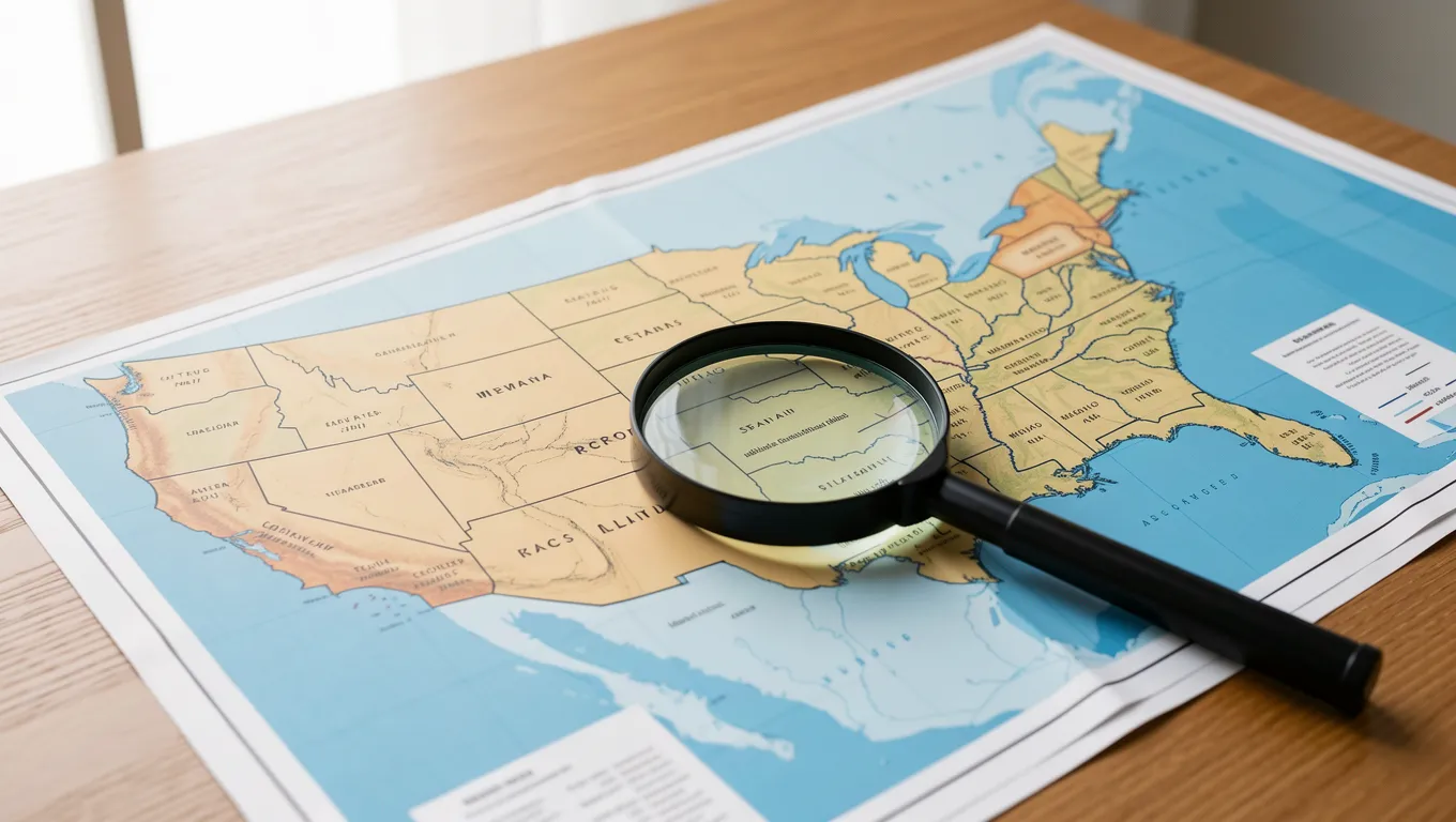 A magnifying glass over a US map representing state laws