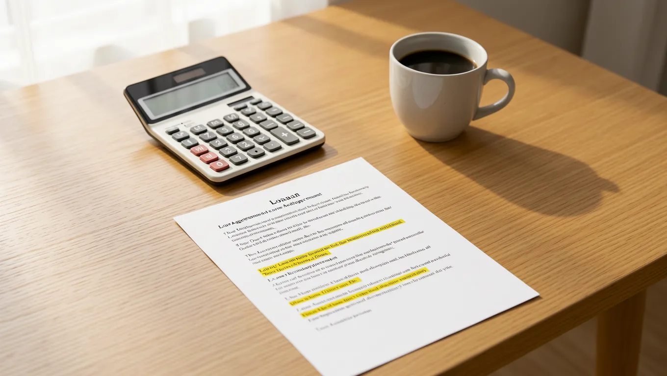 Calculator and loan document on a wooden desk in soft light