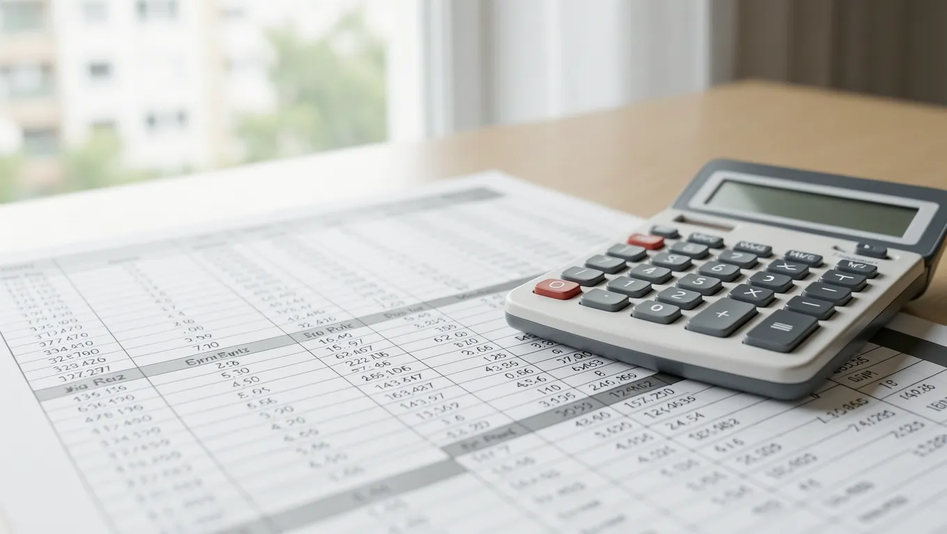 Close up of a financial spreadsheet and calculator for calculating debt ratios