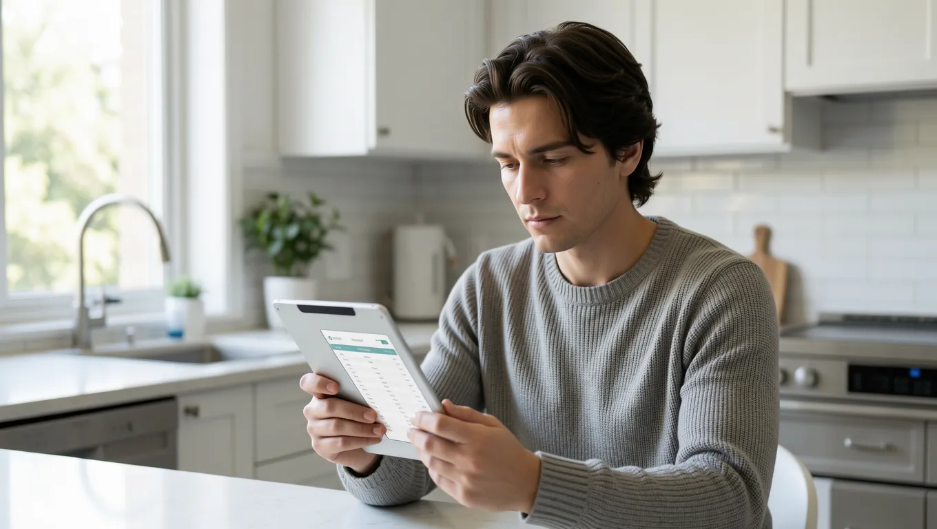 Person reviewing personal finances and monthly budget on a digital tablet